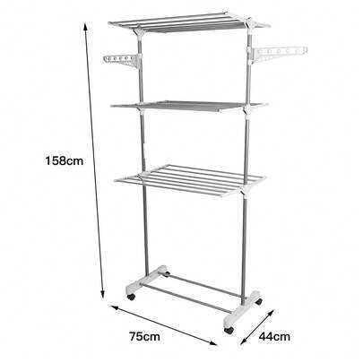 Tendedero plegable y portátil con ruedas, de 3 niveles, ahorra espacio, ideal para balcones y uso en interiores (Blanco/Gris)