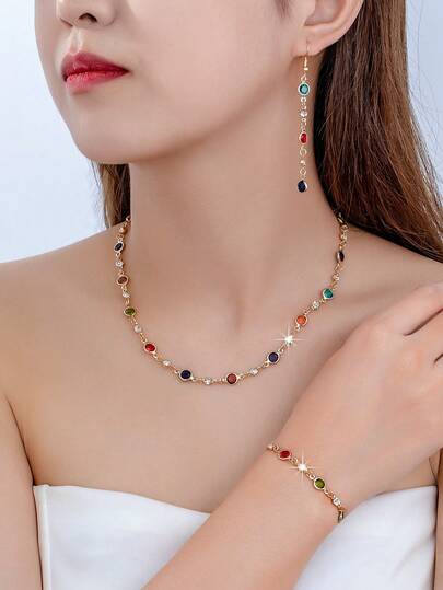 1 Necklace + 1 Bracelet + 1 Pair Earrings Women Jewelry Set, Vintage Elegant Rainbow Gemstone Multicolor Beaded Gold Necklace Bracelet Earrings Set, Suitable For Party, Vacation, Date | Gift For Girlfriend, Best Friend