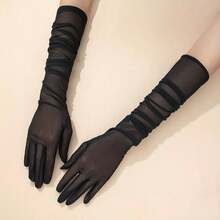 1 Pair Mesh Breathable Long Gloves Solid Color Women Decorative Dress Gloves For Party Prom Wedding Accessories Autumn Accessories - 黑色 - 查看 1
