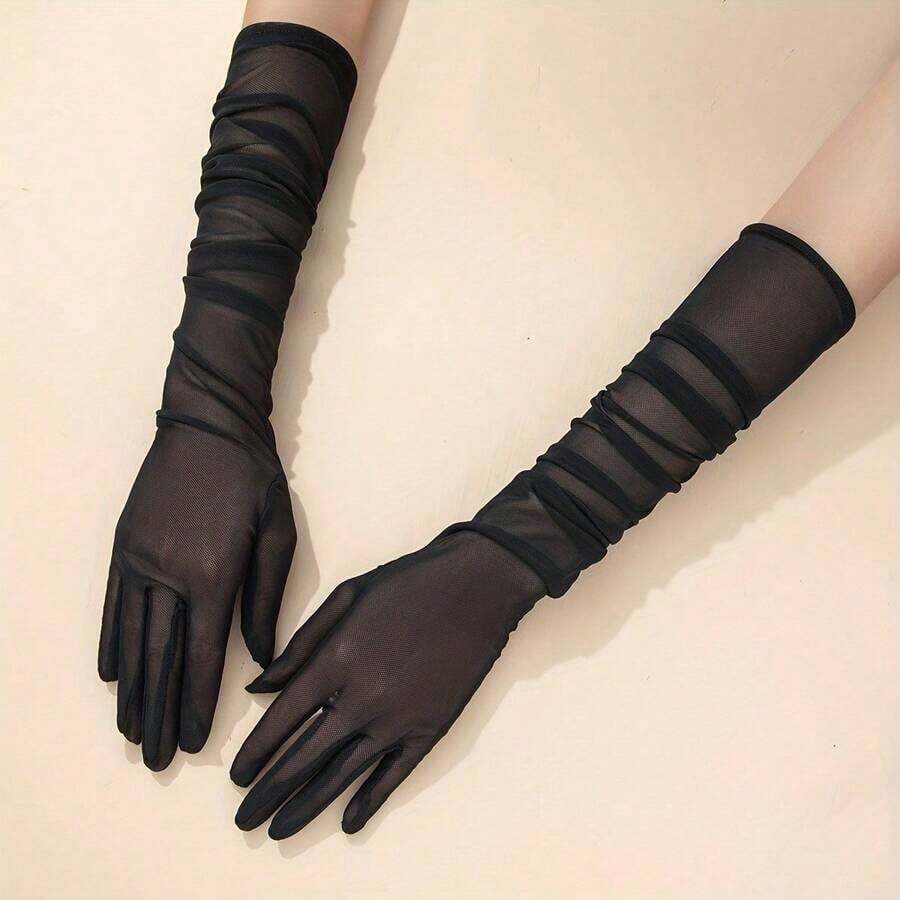 1 Pair Mesh Breathable Long Gloves Solid Color Women Decorative Dress Gloves For Party Prom Wedding Accessories Autumn Accessories - 黑色 - 查看 1