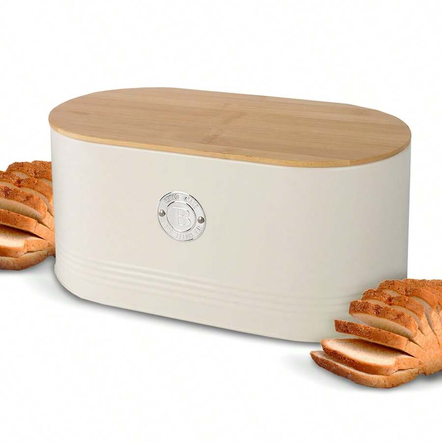 Retro Bread Box With Bamboo Lid For Breads - Elegant And Durable Beige - 米色 - 查看 1
