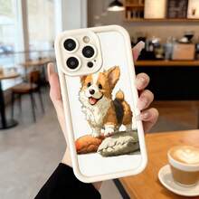 Cubierta de teléfono con borde negro diseño de perro corgi feliz para iPhone 14 Pro Max protector de pantalla con estampado de mascota ideal para amantes de los animales y uso diario en cafeterías y oficinas Aplicable a los teléfonos de la serie Apple y Galaxy - Negro - Ver 3