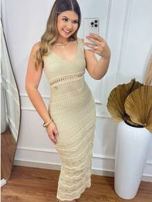 Antonella Midi Knit Dress With Lace And Lined Detail - Elegant Women's Fashion - Perfect For Parties, Christmas, New Year's Eve, Weddings, Beach, And Summer - Sophisticated And Modern Look - Charmilly Knit - 米色 - 查看 3