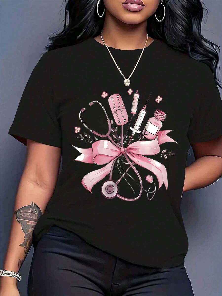 Women T Shirt Nurse Medical Equipment Stethoscope Syringe Pill Pink Bow Print Short Sleeve Round Neck Casual Top For Nurses Doctors Healthcare Workers 220g - 黑色 - 查看 1