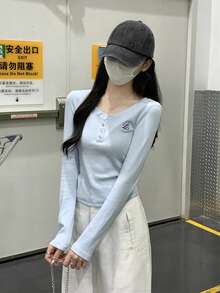 温柔腰褶饰小众刺绣纽扣长袖汗衫 - 藍色 - 查看 7