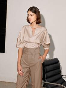 Women's Solid Color High Waisted Straight Leg Casual/Business Pants, Spring And Summer - Khaki - View 5
