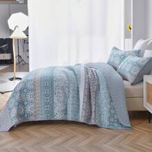 3 Pcs Soft Striped Bedspread Quilted Coverlet Set Double Queen King Size Bedding Sets (1 Quilt + 2 Pillow Cases), Fashion Floral Plaid Boho Design, Fresh & Minimalist, Comfortable Soft Breathable, Suitable For Wedding Items, Valentines Day Home Bed Room Decor, Mothers Day Gift, All Season - xanh03 - Xem 3