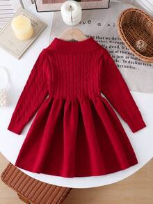 1 件女童针织连衣裙，灰色学院风扭绳松紧领，时尚中长连衣裙，带心形纽扣装饰 - 紅色 - 查看 6