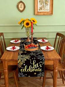 1pc Happy New Year Party Black & Gold Table Runner, 11.8*70.8in, Durable Polyester Rectangular Tablecloth Decor, Firework Pattern, Festive & Elegant Holiday Style, New Year Party Decoration, No Electricity Needed, Home Table Decor, Winter Restaurant Party Decor, Multipurpose Retro New Year Decoration