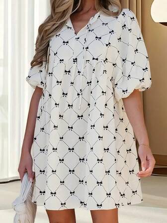 大码女式蝴蝶菱形格纹印花梭织面料休闲连衣裙，春夏款