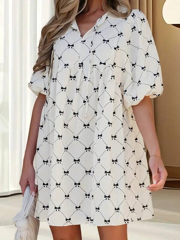 Plus Size Women's White V-Neck Short Shirt Dress, Half Puff Sleeves, Bow Pattern, Flared Hem, Non-Stretch Woven Fabric Summer Elegant