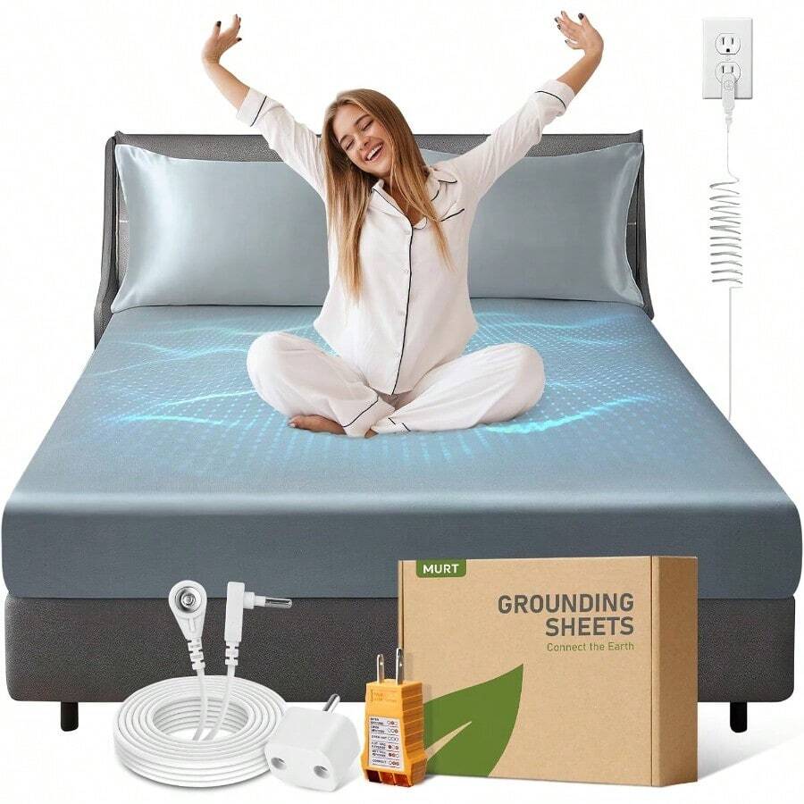 MURT Grounding - Tamaño Queen King 90% Tencel y 10% fibra de plata pura sábana ajustable con cordón y probador de 15 pies para un mejor sueño fresco y transpirable certificado SGS gris 60 x 80 - gris - Ver 1