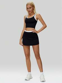 MFVIM Black Camisole & Mini Skirt Sports Set, Women Casual Activewear Outfit, Black & White Contrast Design Slim Fit, Breathable & Comfortable, Energetic, Essential For Outdoor Running, Cycling, Yoga, Pilates, Gym Workout - Black - View 9