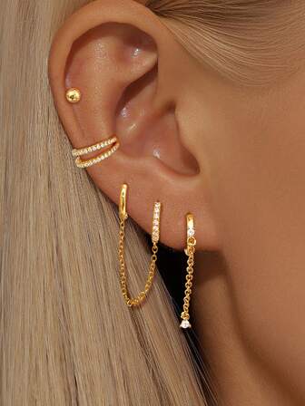 4 piezas Pendientes únicos de aro doble con colgante de circonita cúbica chapada en oro para mujer, pendientes de oreja tipo abrazadera, set de pendientes de perla