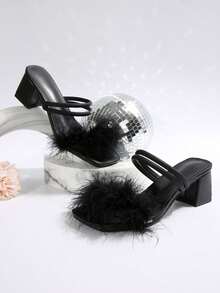 女士水晶粗跟凉鞋，两穿式水钻毛绒拖鞋，夏季 - 黑色 - 查看 5
