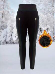 Quần dài nữ cạp cao màu trơn, quần legging giả da phối nhiều mảng màu, kiểu dáng thường ngày, có túi khóa kéo, quần áo nữ mùa xuân màu đen. - màu đen - Xem 6