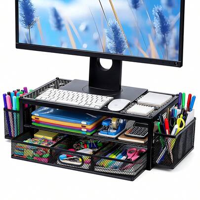 Computer Monitor Stand With Drawer And Pencil Holder, 2 Tier Metal Monitor Riser, Desk Organizer, Monitor Stand With Storage, Desktop Computer Stand For PC, Laptop, Printer