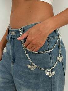 1pc Women's Sweet & Cool Ins Skull Butterfly Denim Jeans Chain, Multi-Layer Metal Waist Chain, Suitable For Daily Styling - Silver - View 7