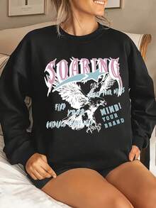 Mujer004 Sudadera de cuello redondo para mujer invierno sudadera de manga larga cómoda suave Camiseta negra con impresión atractiva que inspira a volar: "SOARING", águila y mensajes motivadores como "FIND YOUR WIND! SPREAD YOUR WINGS Y GUIDANCE OF THE WIND" - Negro - Ver 1