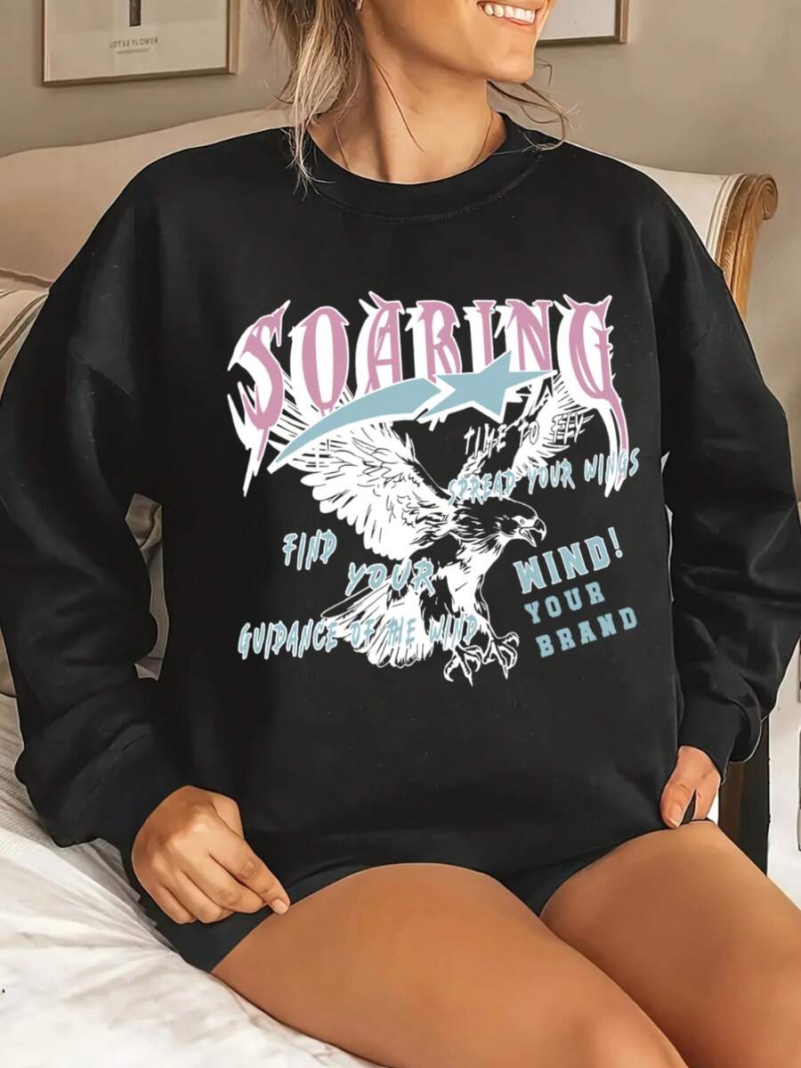 Mujer004 Sudadera de cuello redondo para mujer invierno sudadera de manga larga cómoda suave Camiseta negra con impresión atractiva que inspira a volar: "SOARING", águila y mensajes motivadores como "FIND YOUR WIND! SPREAD YOUR WINGS Y GUIDANCE OF THE WIND" - Negro - Ver 1