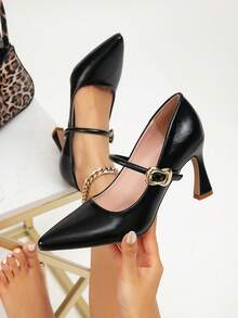 Escarpins à brides Babies noirs véritable à bout pointu avec boucle dorée, talons compensés élégants, chaussures à enfiler convenant pour le bureau, les fêtes et les occasions formelles - Noir - Voir 3
