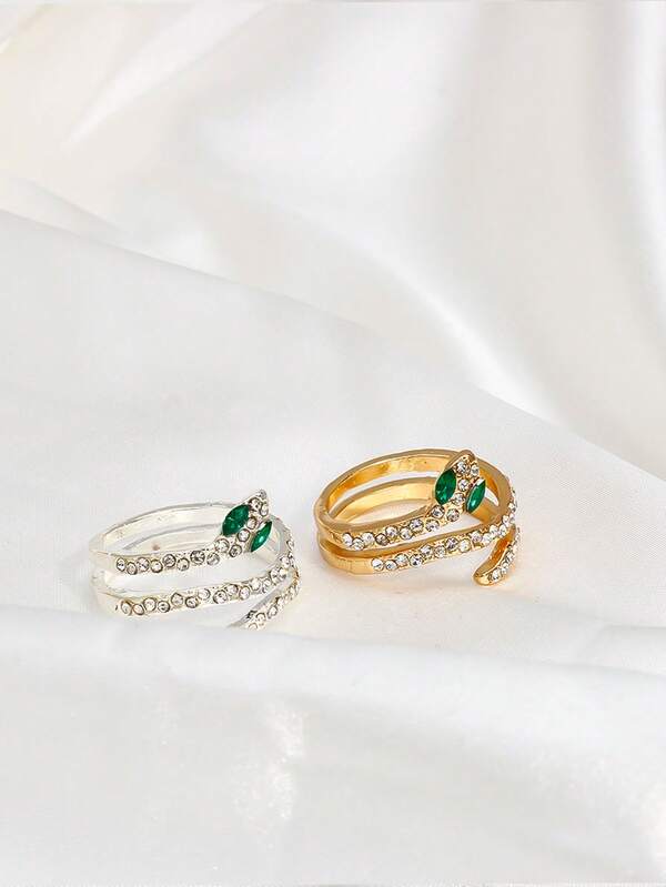 1 pieza Anillo ajustable abierto con forma de serpiente exquisita y elegante, con un diseño de diamantes completo y ojos verdes engastados con rhinestones, es una pieza de joyería perfecta para uso diario y Halloween.