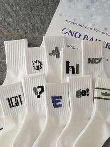 5双男士中筒袜，随机款式，印有随机字母几何图案。简约时尚男士白色袜子 - 彩色 - 查看 4