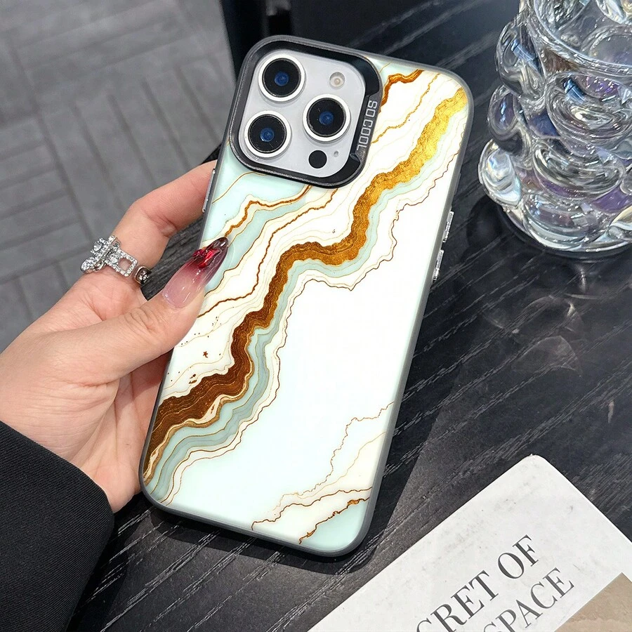 Colorful Silver Apple Phone CaseAbstract Marble With Gold Veins And Light Blue StreaksCompatible With 11 To 17 Models The Cases Lens Protection Function Ensures The Camera Remains Undamaged During Shooting Guaranteeing Image Quality - 黑色 - 查看 1