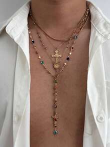 3/4pcs Vintage Luxury Colorful Crystal Y-Shaped Necklace, Men's Punk Metal Jesus Cross Pendant Long Necklace Set - Style 1 - View 12