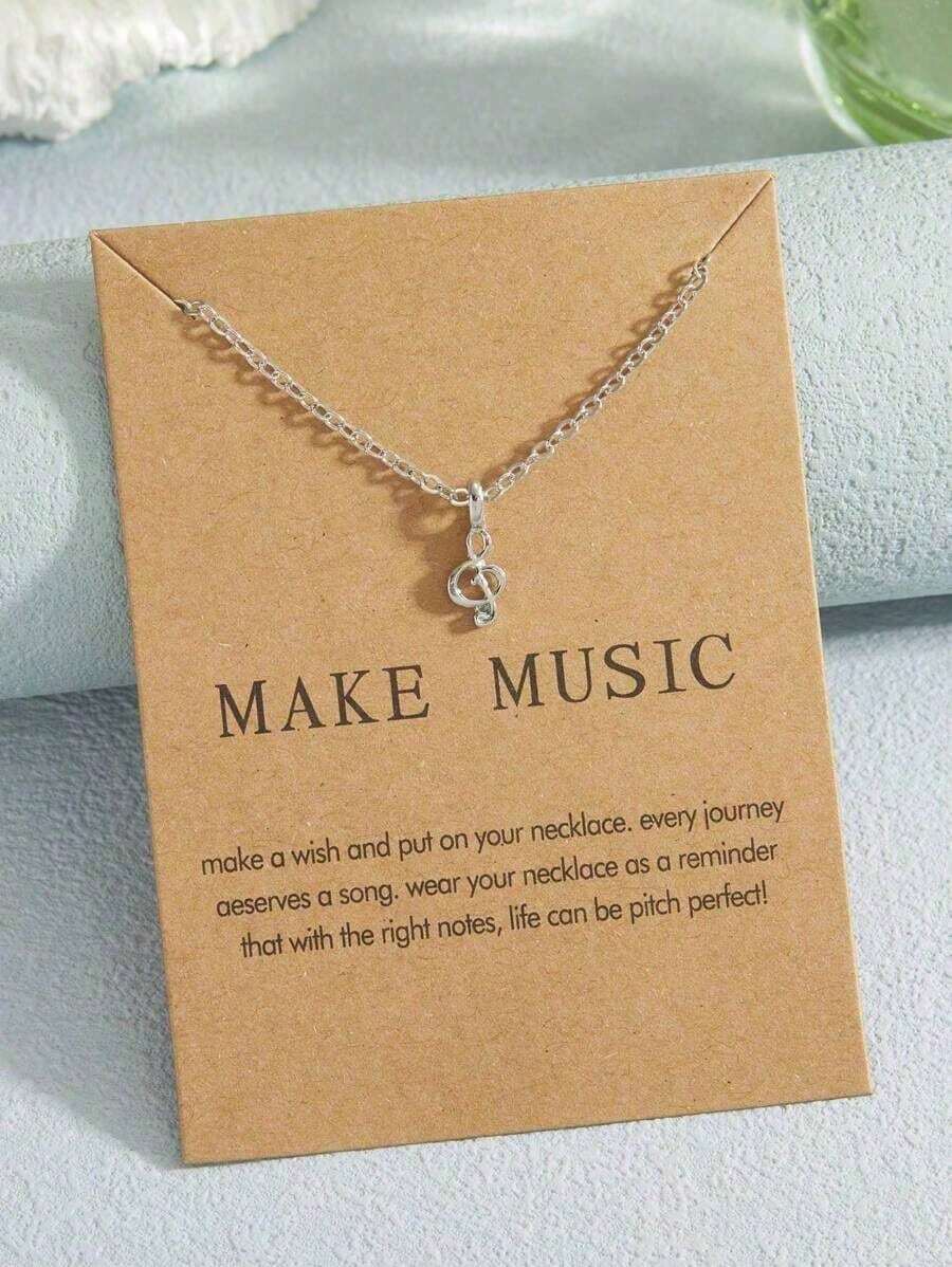 1pc Music Note Metal Pendant Necklace With "Make Music" Design - 銀色 - 查看 1