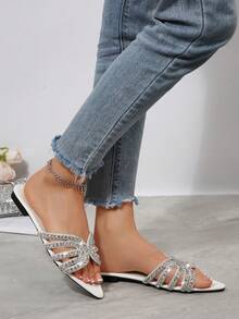 休闲时尚简约露趾尖头玻璃水晶装饰舒适女式拖鞋 - 白色 - 查看 5