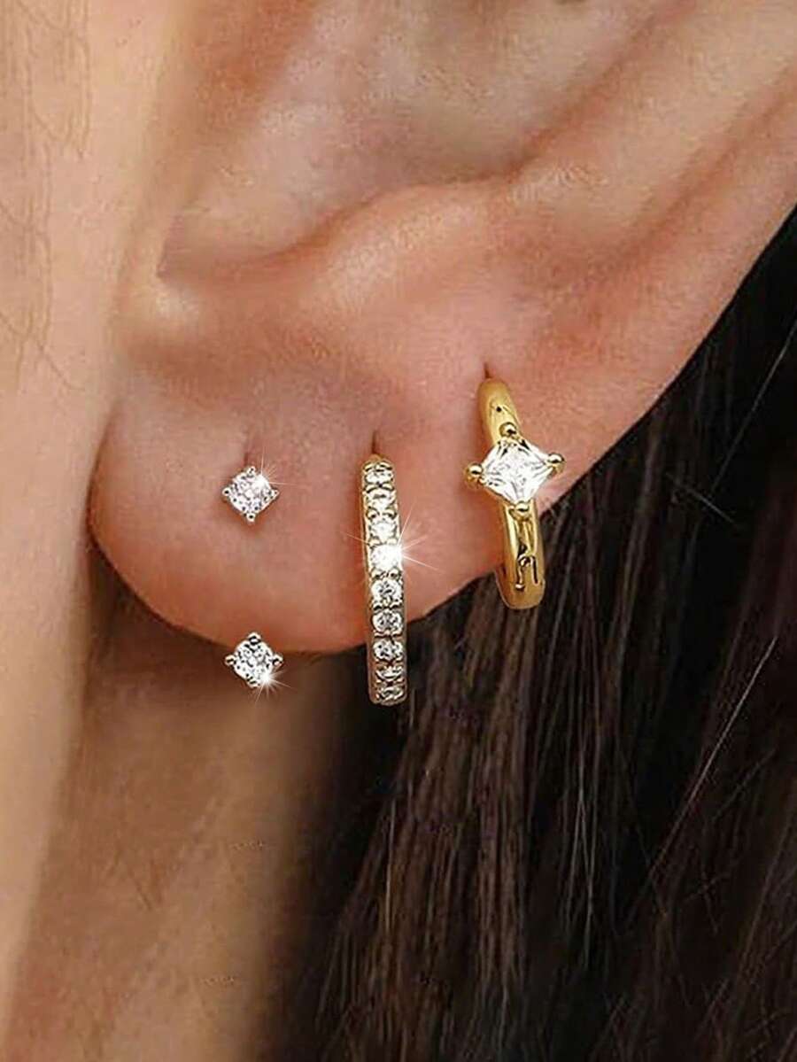 6 pezzi Set di orecchini alla moda da donna in rame con zirconi e strass, ipoallergenici, design a piccolo cerchio, leggeri e mini, versatili, adatti per multipli fori orecchie - Oro giallo - Visualizzare 1
