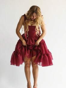Womens Party Tutu Dress Stylish Solid Ruffled Trim Tie Back Sleeveless Tie-Shoulder Midi A-Line Dress - Burgundy - View 3