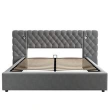 Upholstered Bed 160 X 200, Hydraulic Bed, Bed With Storage, Double Bed, Lighting, Wide And Soft Headboard, With Lighting Lamp And Storage Space, Wooden Slat Frame, Velvet, Grey (Old Code: N634P21376789G) - Grey + Velvet + 160cm*200cm - View 3