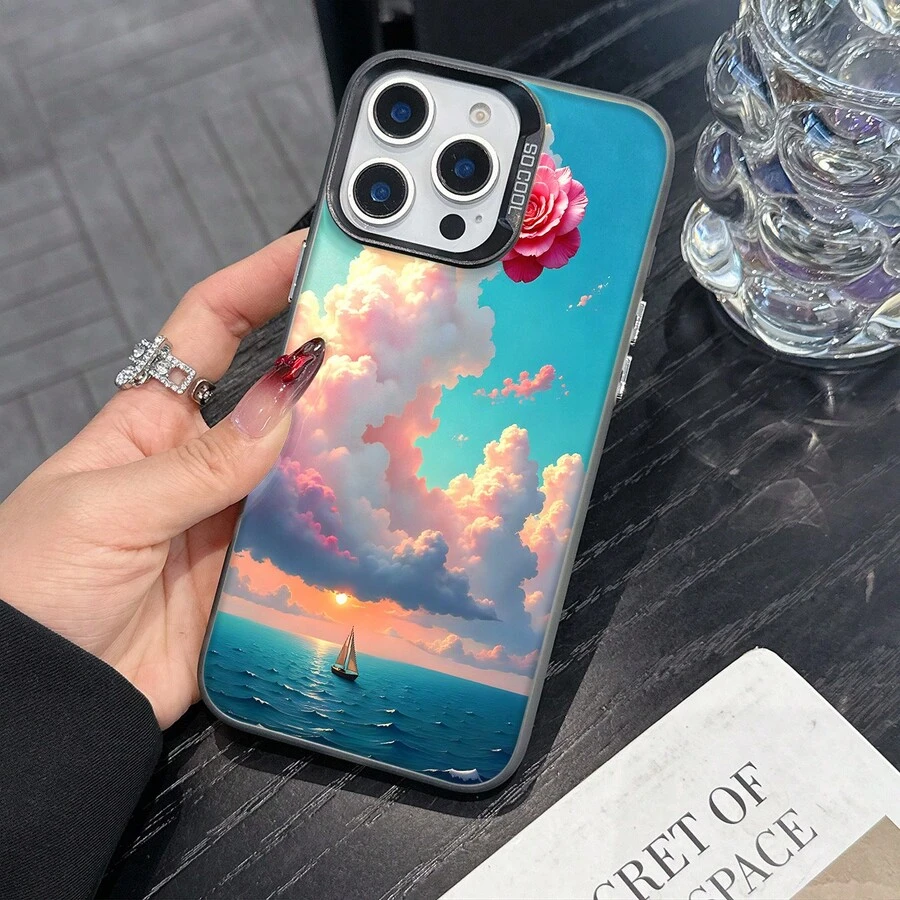 Colorful Silver Apple Phone CaseA Pink Rose Floats Above A Sailboat At SeaCompatible With  11 To  17 Models The Cases Lens Protection Function Ensures The Camera Remains Undamaged During Shooting  Guaranteeing Image Quality - Black - View 1