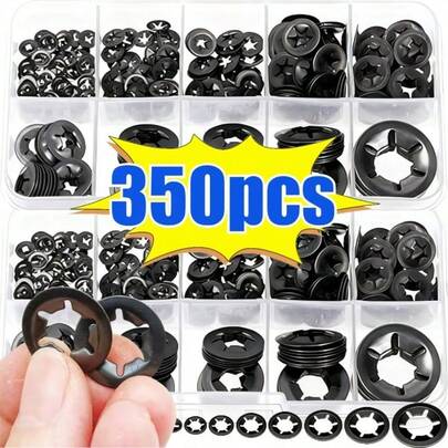 350pcs/Box M2.5-M10 External Circlip Self-Locking Retaining Clip Push On Shaft Bearing Snap Ring Washer Kit Set Black 65mn Steel