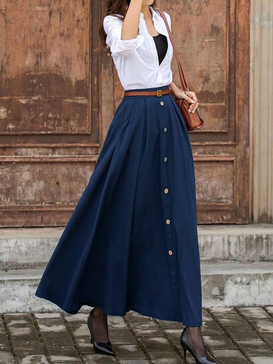 Women's Casual Retro Street Style Button-Up Skirt, Spring/Summer - Royal Blue - View 1