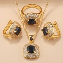 4PCS Square Jewelry Sets Luxury Vintage Fashion Accessory Women Earrings And Necklace Pendant Open Ring Bridal Wedding Jewelry For Women Gift Christmas, Thanksgiving, Valentine's Day, New Year And Birthday
