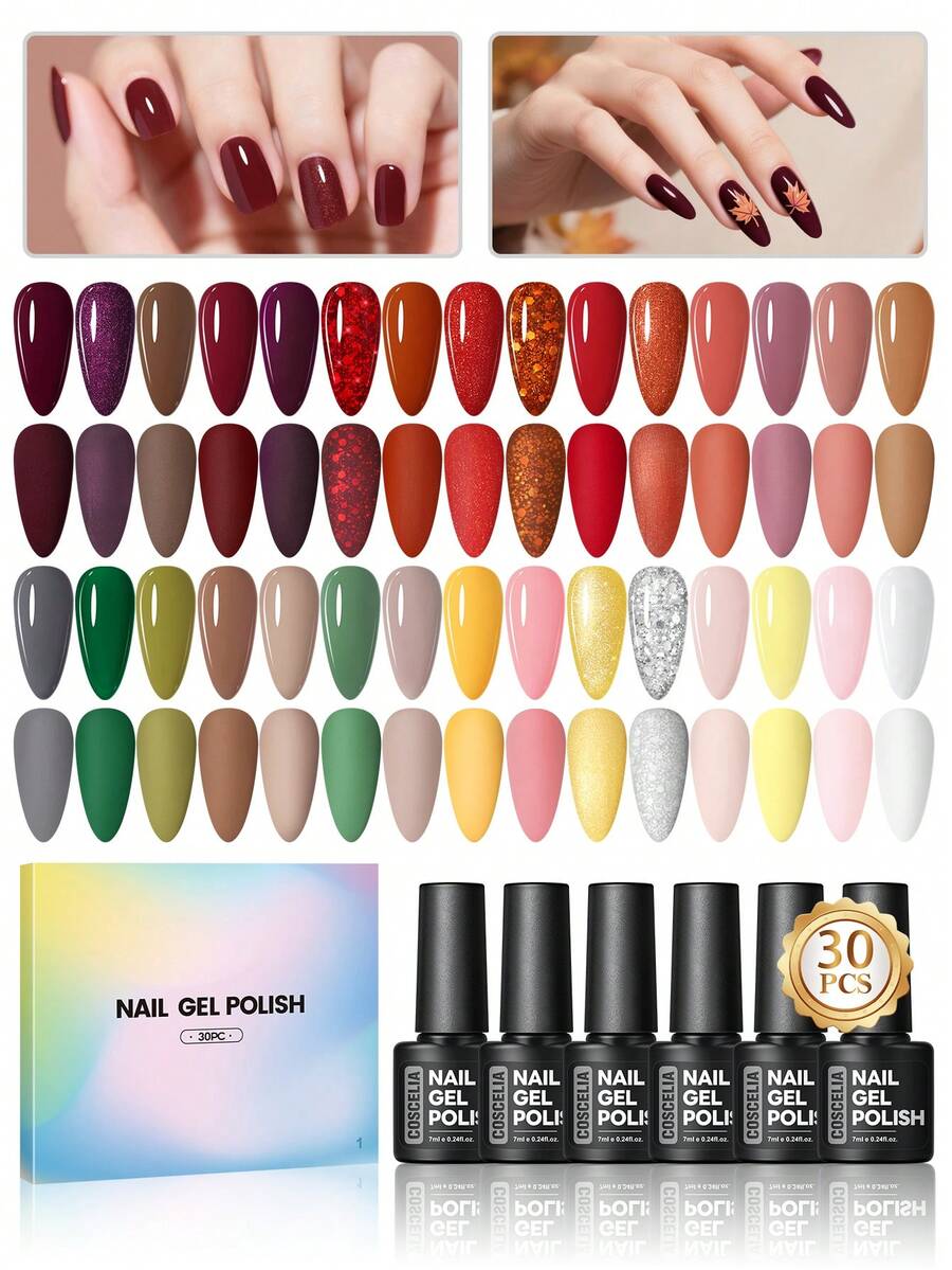 coscelia 30PCS Soak Off Gel Nail Polish Set, Red Brown Autumn Glitter Nail Gel Polish Semi Permanent, Long Lasting For Women DIY Nail Salon Gift