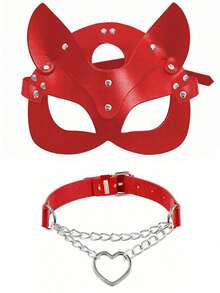 2个/1个女士猫脸面具套装，性感俏皮，可调节，适合日常佩戴、万圣节、圣诞派对和其他场合。 - 紅色 - 查看 4