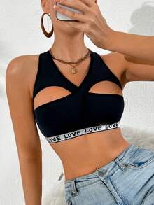 Women's Sports Bra With Criss-Cross Love Metallic Strap Design - Black - View 6