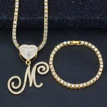 1 Set Women's Elegant Heart & Letter Pendant Necklace With Single Row Rhinestones, Matching Single Row Rhinestone Bracelet, Suitable For Daily Wear, Parties And Events, Versatile Jewelry Set - Fashionable Heart Letter Pendant Necklace - View 50