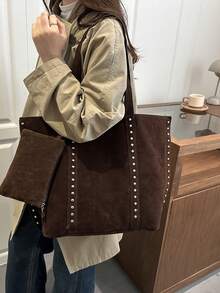 2025 Autumn Brown Large Capacity Commuter Handbag, Women's Fashion Rivet Decor Shoulder Bag, Unique Suede Design, Suitable For Dates, Daily, Shopping, Beach Vacation And Various Occasions - Coffee Brown - View 8