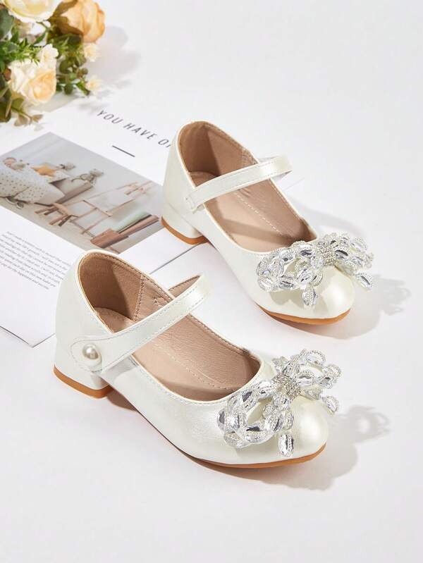 زوج من أحذية بكعب عالي مزينة بفيونكة كريستالية من جلد البولي يوريثان، أنيقة وعصرية، مناسبة للبنات الصغيرات/الأطفال الصغار، مناسبة للربيع/الصيف/الخريف، مناسبة للحفلات والأعياد