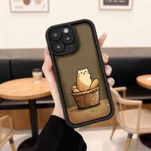 Cubierta de teléfono con borde protector negro diseño de gato en cesta marrón para uso diario en cafeterías y espacios casuales Aplicable a los teléfonos de la serie Apple y Galaxy - Negro - Ver 1