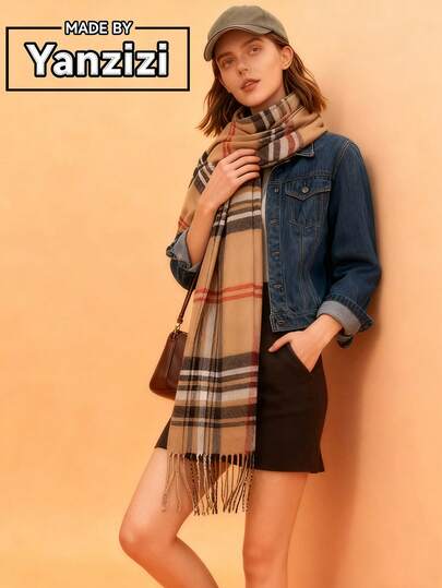 1pc Women & Men's Plaid Tassel Warm Scarf, Fashionable Street Style, Soft & Comfortable, Suitable For Daily Use
