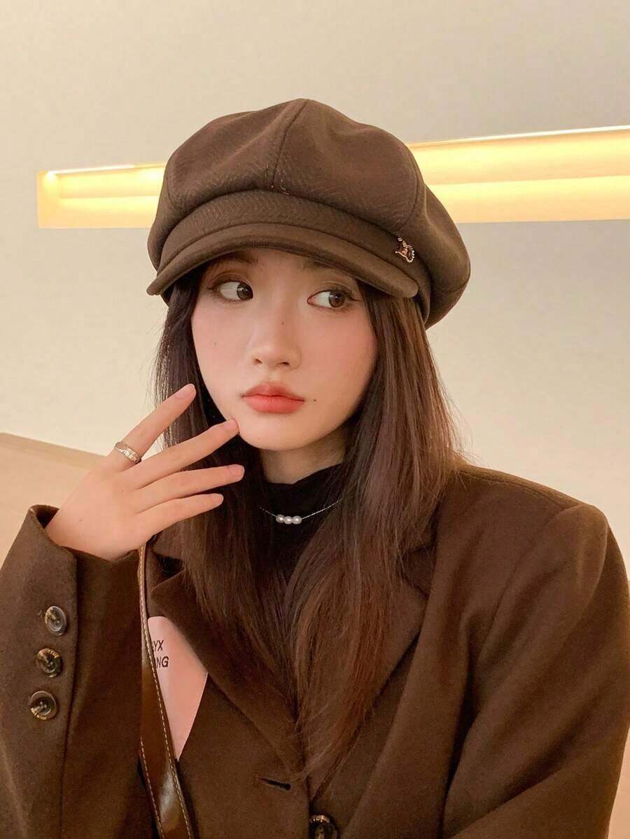 Solid Color Beret Cap Beret Hat Women Spring/Summer Korean Style Face-Shaping Octagonal Painter Hat - 咖啡棕 - 查看 1