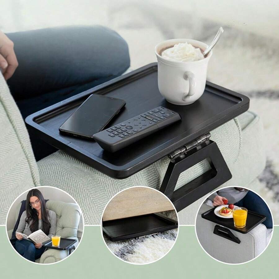 Wooden Sofa Arm Rest Tray Clip-On Serving Table Snack Holder Armrest Organiser - Black - View 1