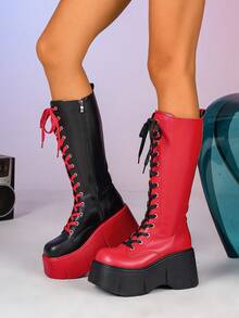 New Punk Style Thick Sole Joker Inspired Round Toe Gothic High Top Riding Boots - Red - View 5