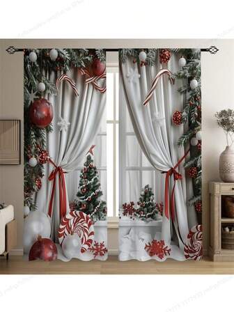 2pcs Set, 2D Printed, Christmas Realistic Print Sheer Curtain Panels, Semi-Transparent Curtains For Living Room, Game Room, Bedroom, Kitchen, Multi-Scene Polyester Rod Pocket Decor Drapes, Home Decor, Party Supplies